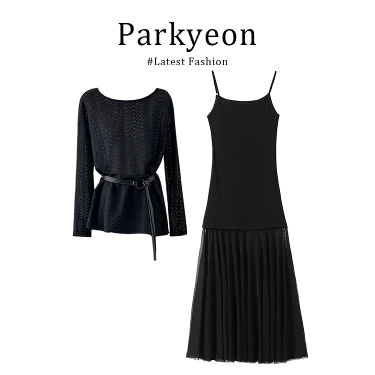 parkyeon高级设计感镂空罩衫百搭上衣女秋季高腰显瘦吊带裙两件套