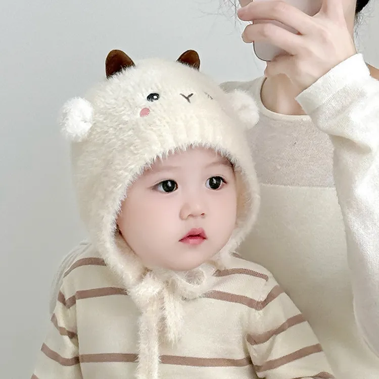 宝宝毛线帽秋冬季韩版男童女婴幼儿可爱小羊防风护耳帽羊羔绒保暖