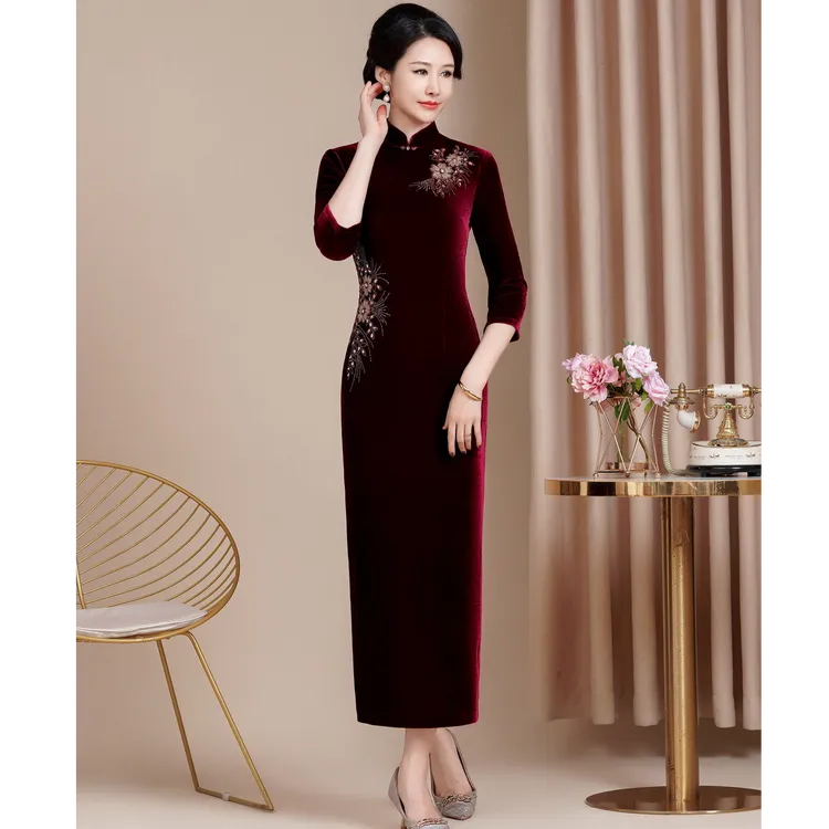2025秋高档丝绒【长款+中长款】修身旗袍喜婆婆喜妈妈婚宴礼服日常M