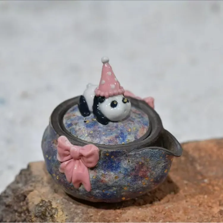 老岩泥彩矿宝瓶熊猫茶壶日式柴烧手工茶壶创意复古诧寂高档手抓壶