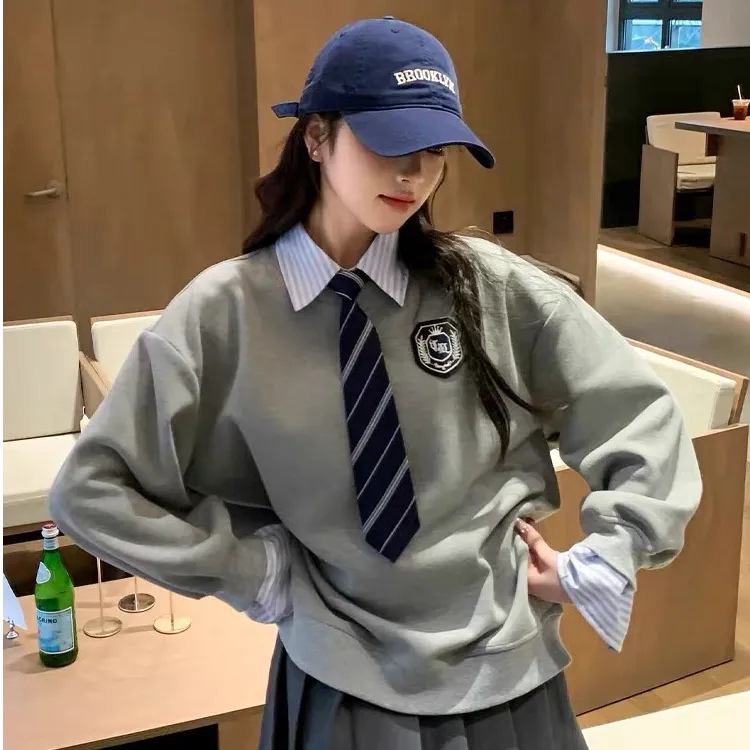 加大300斤可穿 学院风灰色卫衣韩版时尚休闲减龄少女拼接卫衣