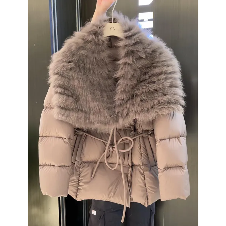 2025女装冬季新款高级感大毛领抽绳收腰显瘦加厚保暖短款棉服外套