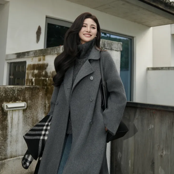 伊迪卡双面羊毛大衣紫色韩系毛呢外套女小个子秋冬中长款时尚