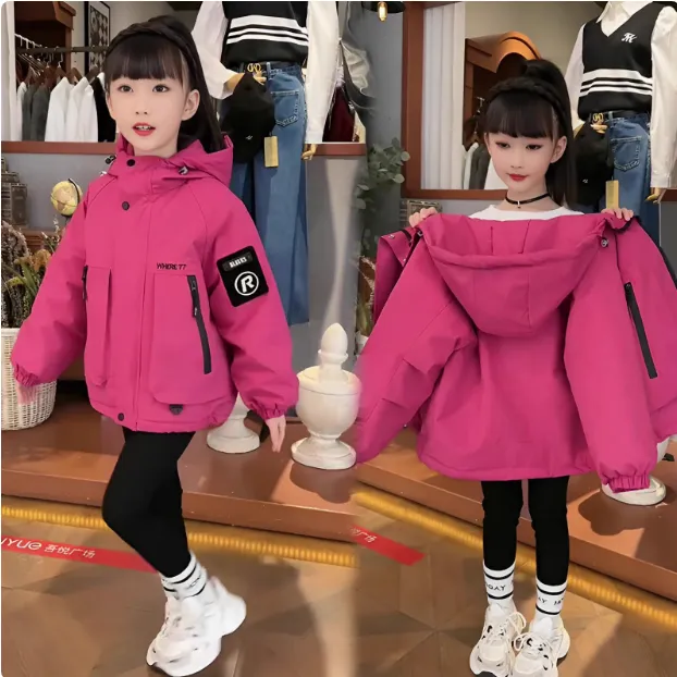女童夹棉冲锋衣外套秋冬款2025新款儿童加厚工装棉服二棉连帽棉袄