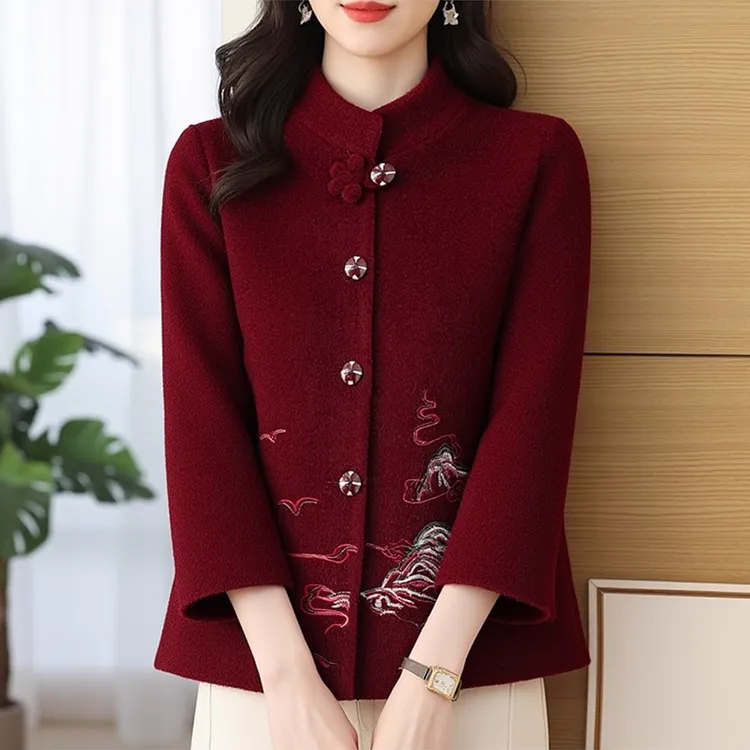 妈妈冬装外套新中式加绒加棉毛呢外套中老年女装宽松大衣外套