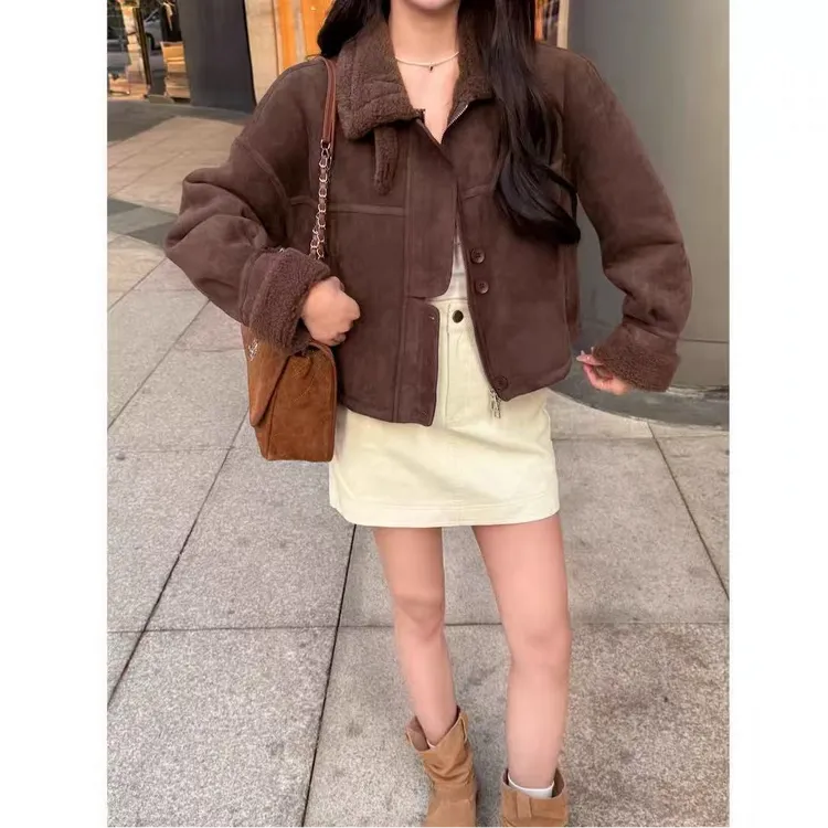 秋冬季韩版加绒加厚毛毛百搭显瘦立领外套