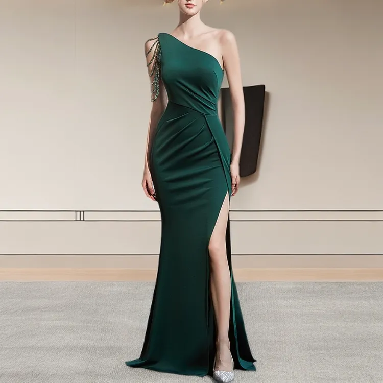 晚礼服2025女宴会名媛晚装单肩晚会礼服气质轻奢开叉长款修身优雅