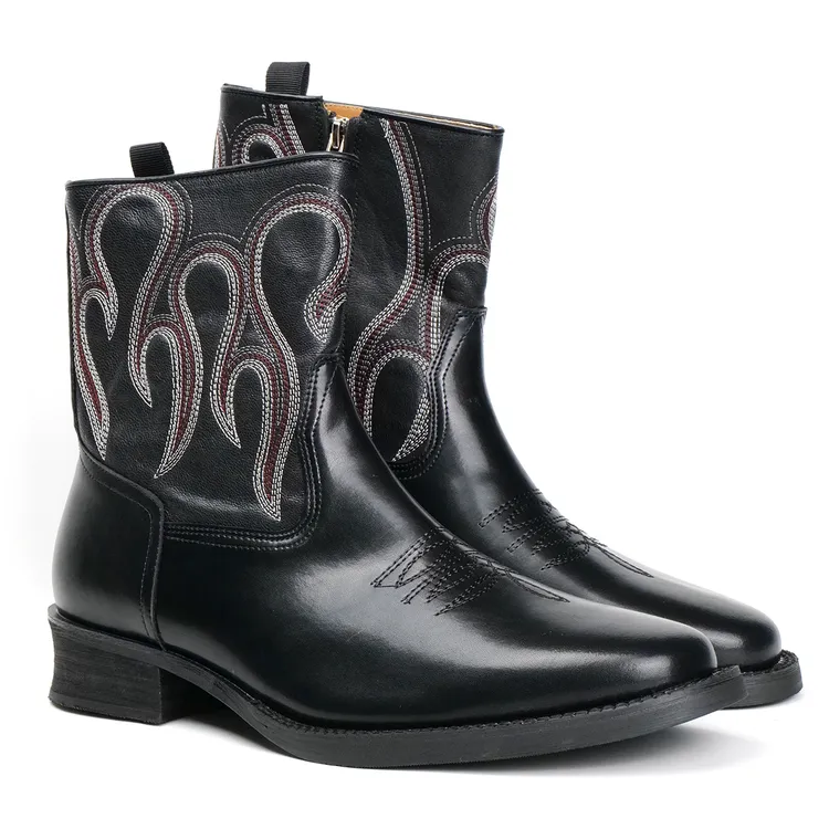 复古刺绣靴子西部男粗跟骑士靴阿美咔叽尖头瘦瘦靴阔腿裤必备鞋