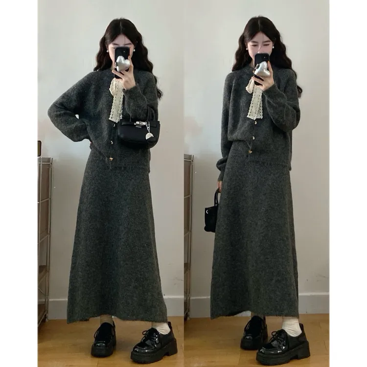 大码秋季新款韩版时尚小香风蝴蝶结针织上衣半身裙毛衣两件套装裙