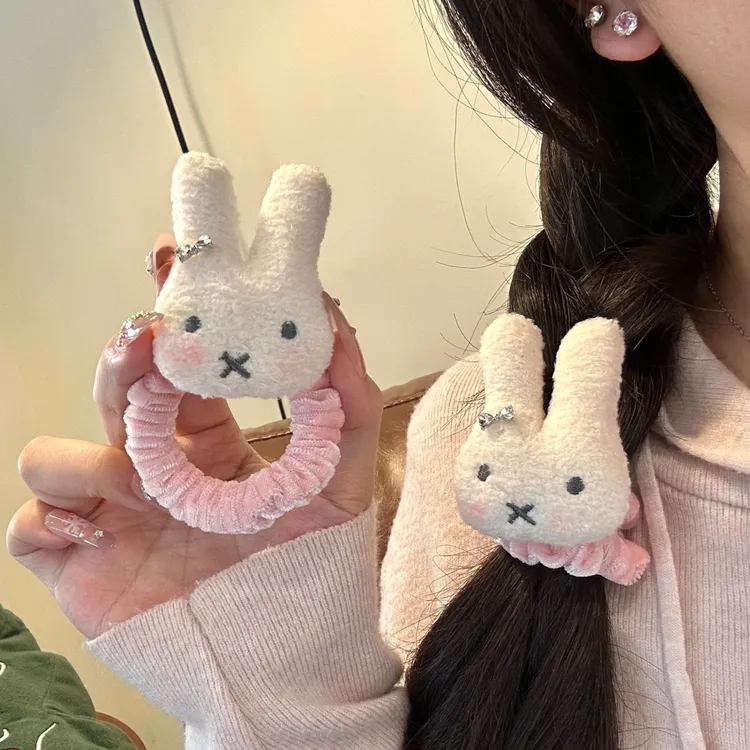可爱水钻米菲兔发圈卡通毛绒少女扎头马尾发绳软萌百搭粉色小肠圈