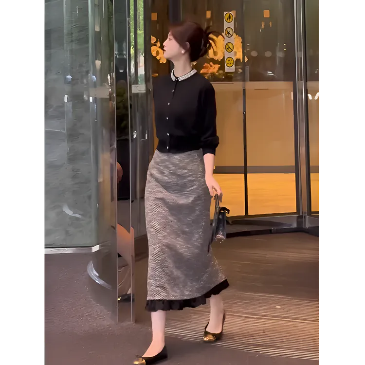 早秋穿搭一整套女装盐系轻熟黑色针织上衣拼接半身裙气质两件套装