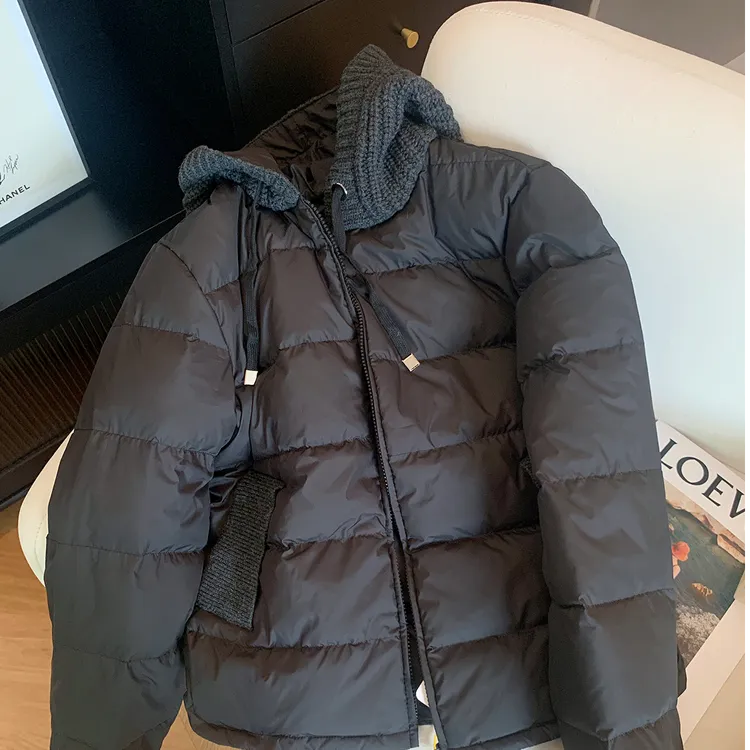 高级感针织拼接连帽黑色短款棉服女2025冬季洋气宽松显瘦保暖外套