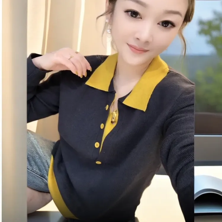 2025早秋新款时尚百搭翻领撞色假两件针织衫毛衣女洋气气质显瘦潮