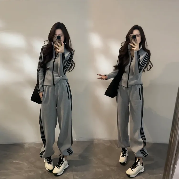 韩系休闲慵懒风套装女冬季2025新款加绒加厚立领卫衣阔腿裤两件套