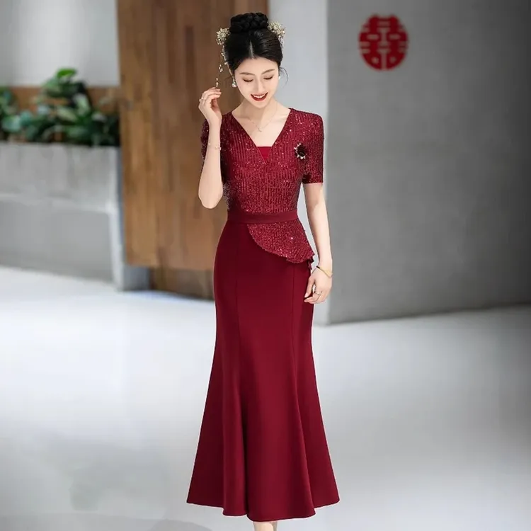气质妈妈婚宴礼服高雅轻熟名媛红色喜婆婆装高端亮片鱼尾旗袍裙