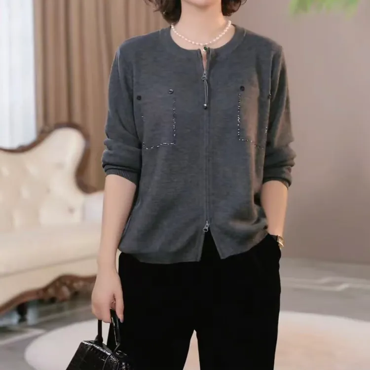 妈妈装秋装2025年新款针织开衫时尚上衣气质中年女装虚线时尚上衣