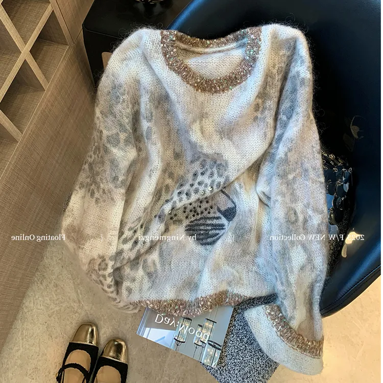 慵懒风豹纹亮片设计感毛衣女2025秋季新款软糯气质温柔减龄针织衫