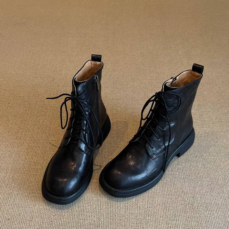 法式羊皮真皮英伦马丁靴女粗跟2025冬季新款圆头平底加绒保暖短靴