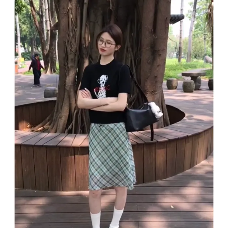 两件套印花短袖t恤女2025夏季修身显瘦洋气上衣格纹半身裙套装