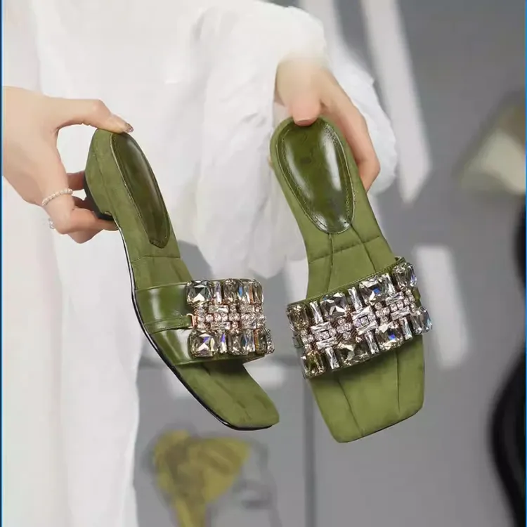 法式小众设计师夏季新款时尚百搭方头水钻露趾一字拖半拖凉拖鞋女
