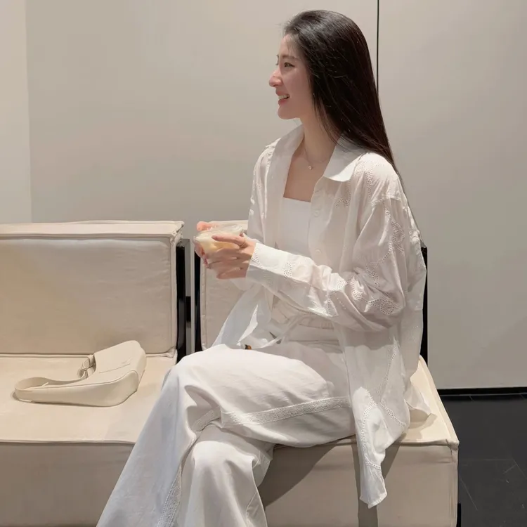 2025夏季新款时尚套装气质显瘦宽松洋气白色长袖衬衫阔腿长裤辣妹