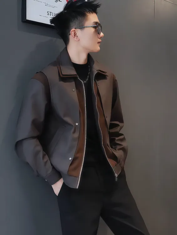 设计感双翻领皮衣夹克男士秋冬新款潮流拼接撞色痞帅短裤外套男