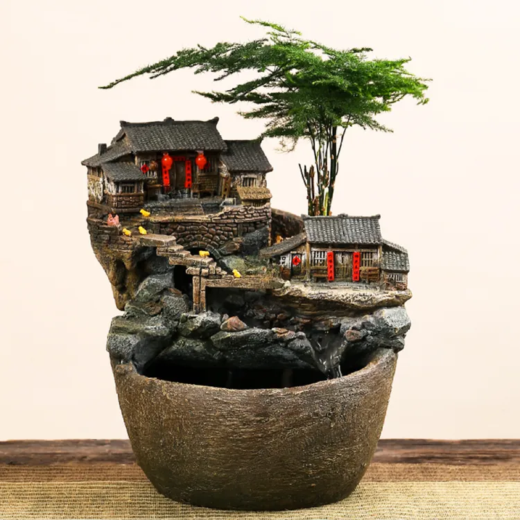 双层流水 老家小院流水摆件造景鱼缸经典怀旧植物盆栽懒人亮灯