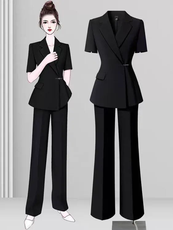 黑色休闲西装套装女夏季短袖职业西服外套时尚气质高级感通勤正装