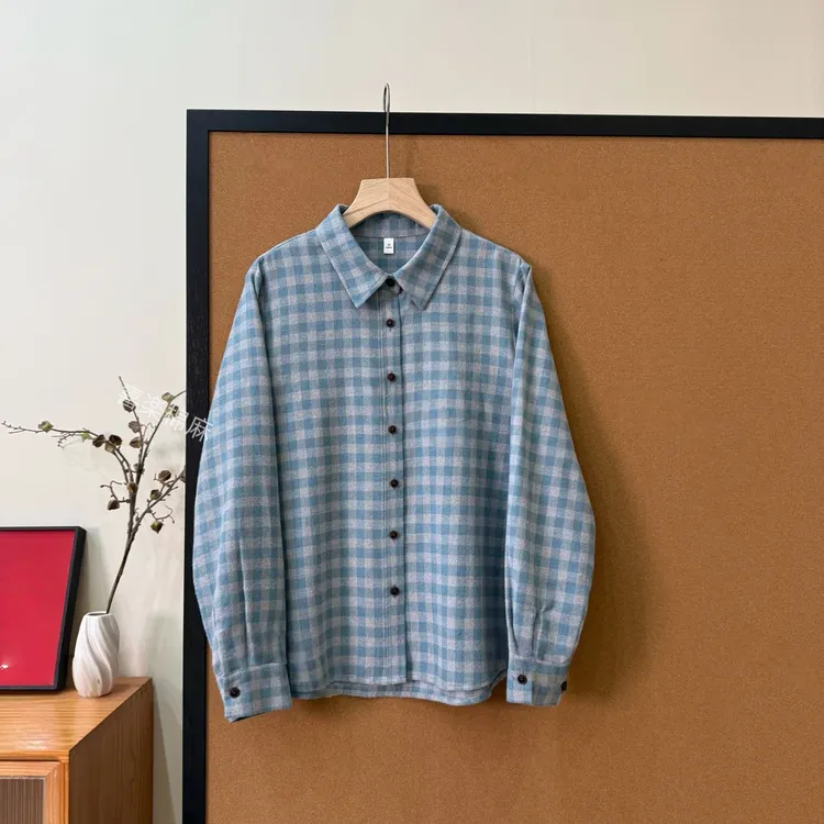 1608翻领色织格纹衬衫冬季新款时尚简约百搭休闲女士