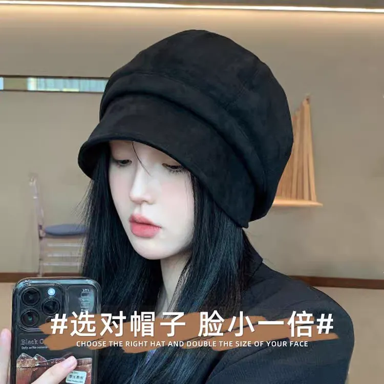 显脸小渔夫帽女秋冬大头围麂皮绒八角加大贝雷帽日系素颜堆堆帽子