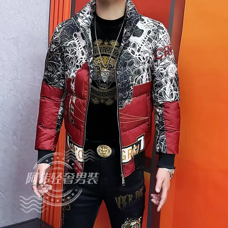 阿伟家欧货羽绒服男短款立领印花字母拼接修身韩版百搭保暖外套潮