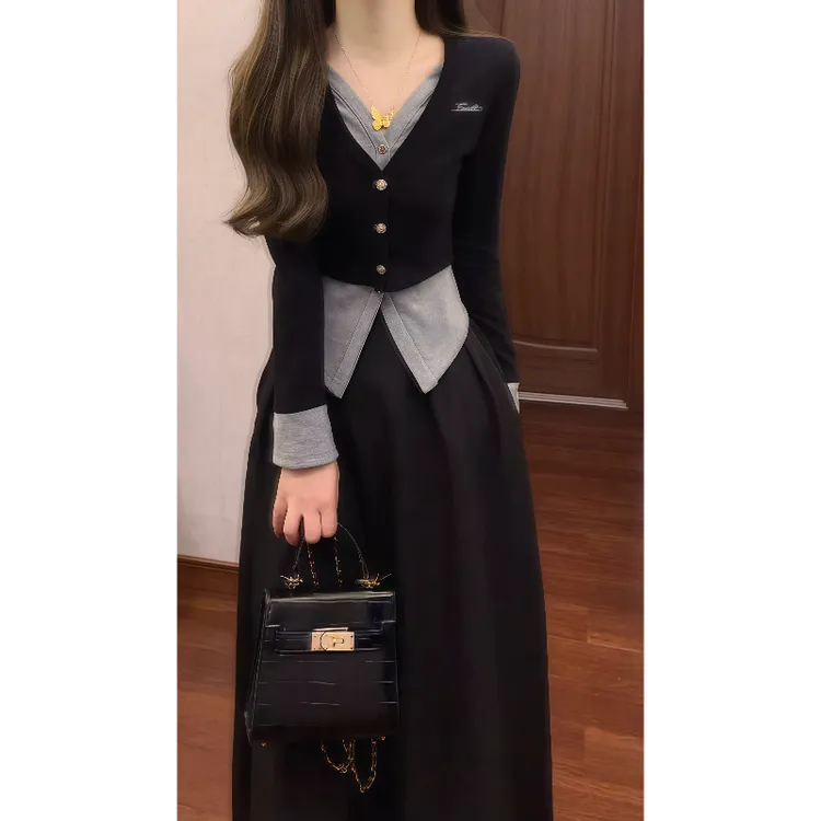 秋冬韩系高级感假两件上衣+高腰半身裙两件套装裙9794