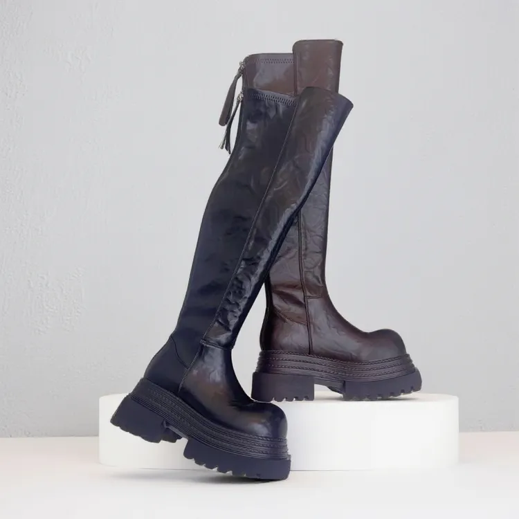 2025秋冬时尚百搭厚底增高女靴加绒马丁靴过膝高筒靴长靴骑士女靴