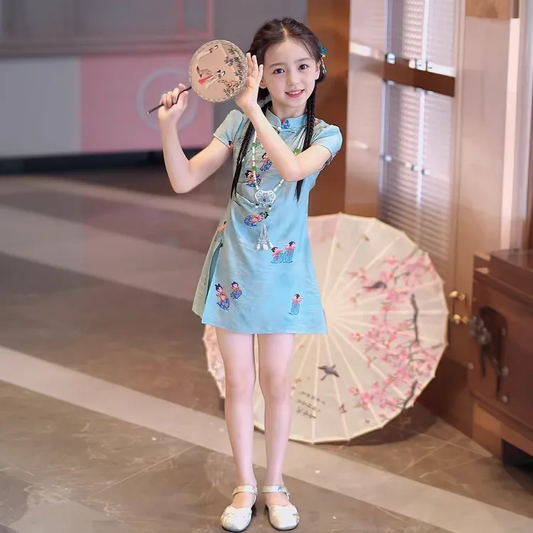 女童国风套装2025新款儿童新中式两件套夏季小女孩洋气旗袍裙短裤