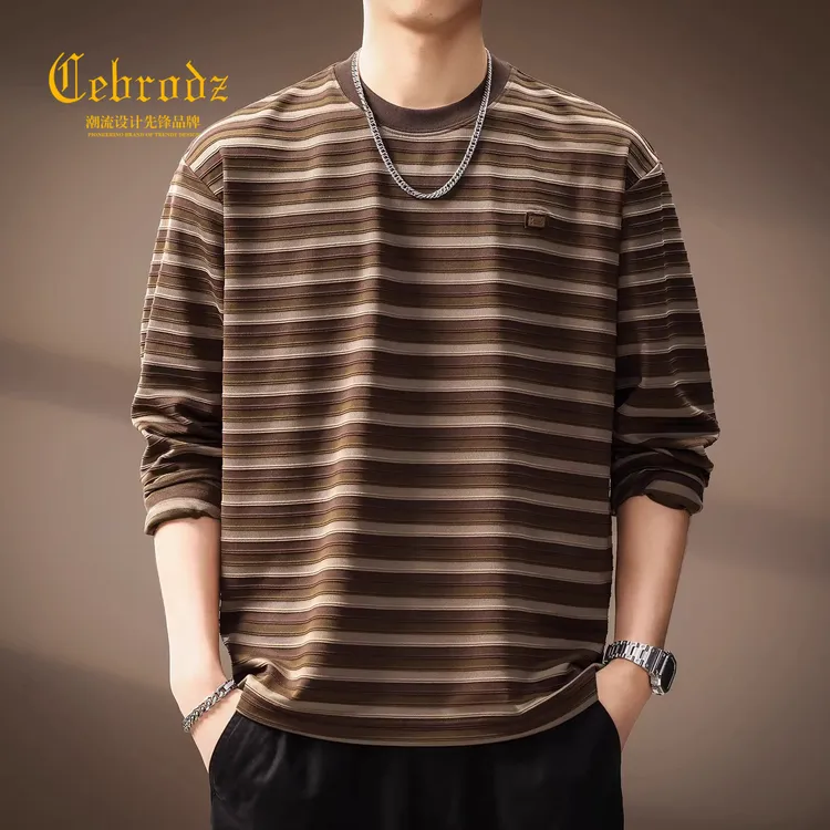 法国Cebrodz高端复古拼接条纹圆领长袖T恤男秋季新款潮流宽松