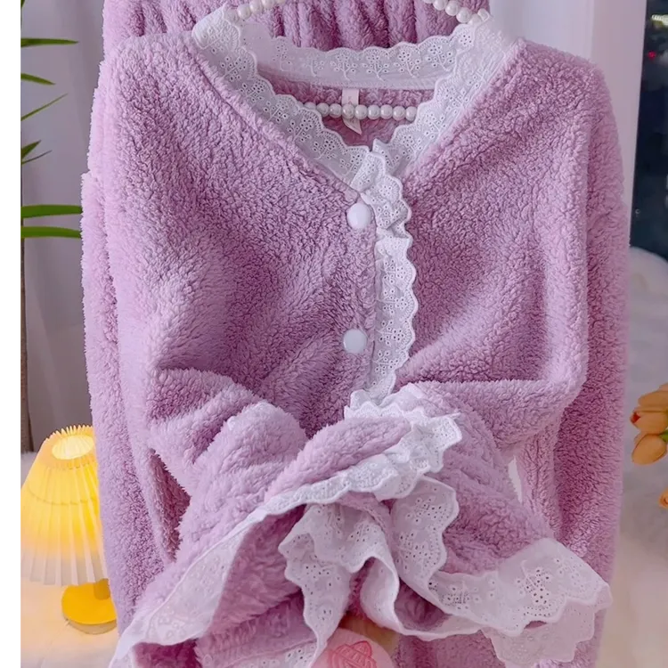 冬季软绒绒女友时尚纽扣居家服套紫色浪漫长袖加厚