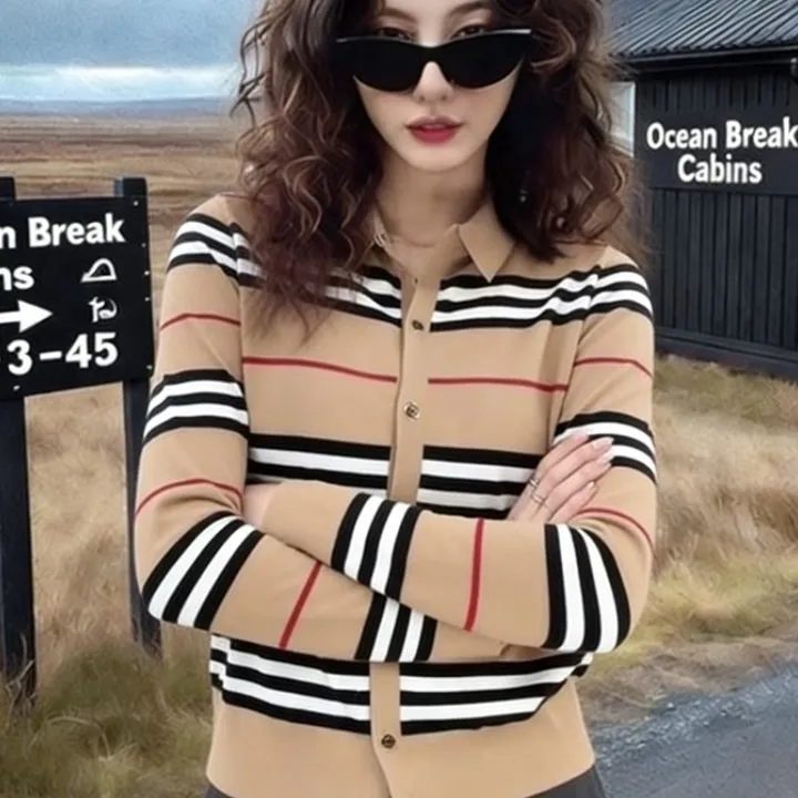 [工厂直销上衣]秋冬款卡其色条纹针织衫休闲慵懒风气质上衣潮8869
