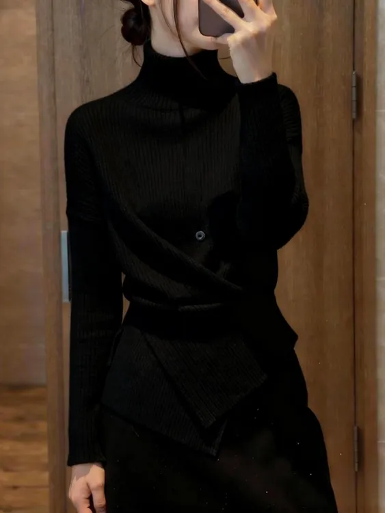 轻熟风韩版高领软糯毛衣女秋冬新款收腰显瘦设计感时尚打底针织衫