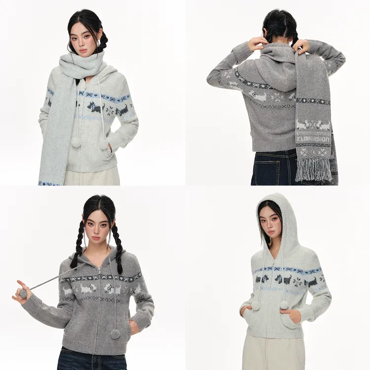 CLIMAX VISION西高地狗狗提花撞色慵懒针织连帽开衫毛衣