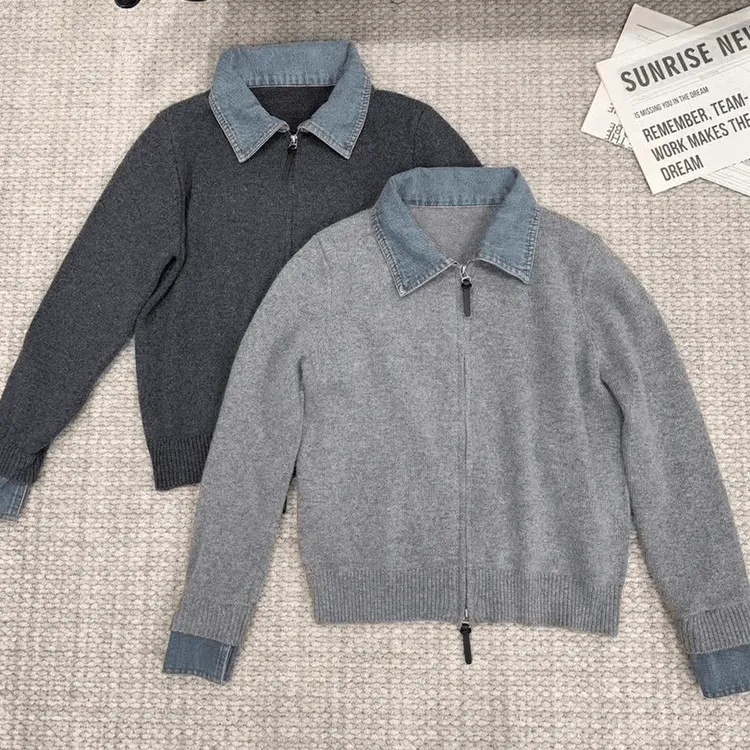 G729#牛仔翻领拼接针织开衫女2025秋冬新款大码微胖m上衣女秋冬