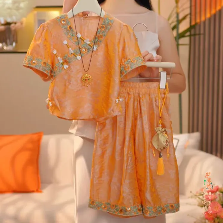 女童国风短袖阔腿裤套装2025夏季新款新中式花边提花九分裤民族风