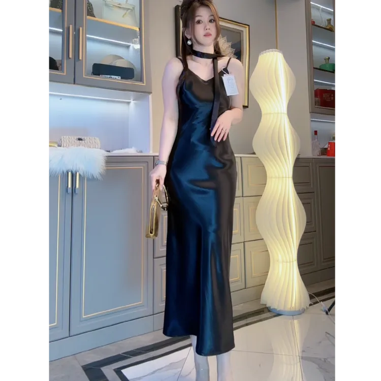 【送飘带】缎面吊带长裙显瘦气质优雅性感夏季通勤缎面连衣裙高级感