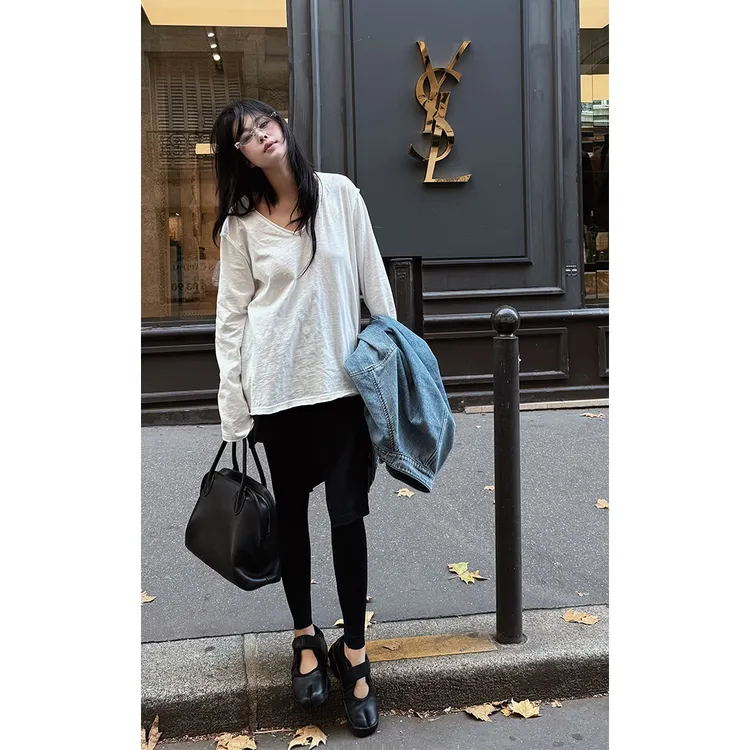 LA CALLA V领毛边水洗棉T恤（America洗水棉）YY-M-5516