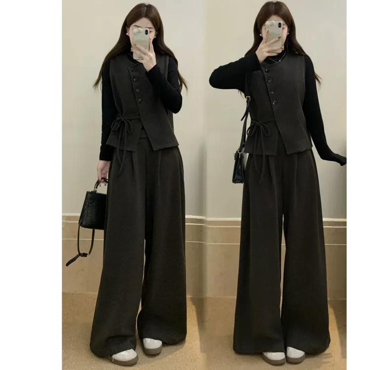 大码微胖秋冬新品韩版时尚套装女长袖打底T恤配毛呢马甲+阔腿长裤