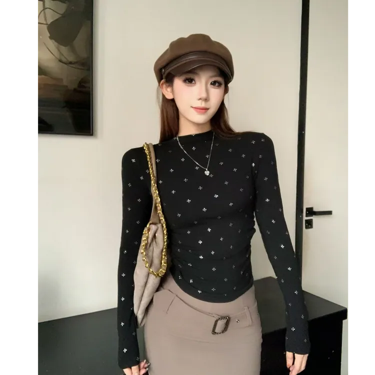 【重工烫银】十字架碎花加绒磨毛半高领长袖秋冬修身显瘦打底上衣
