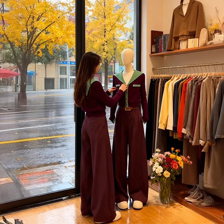 秋季穿搭一整套女2025新款海军领针织开衫搭高腰显瘦休闲裤两件套