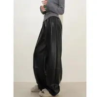 秋冬薄绒优质蛋白皮高腰松紧腰气球长裤休闲阔腿皮裤女69009（ZZ）