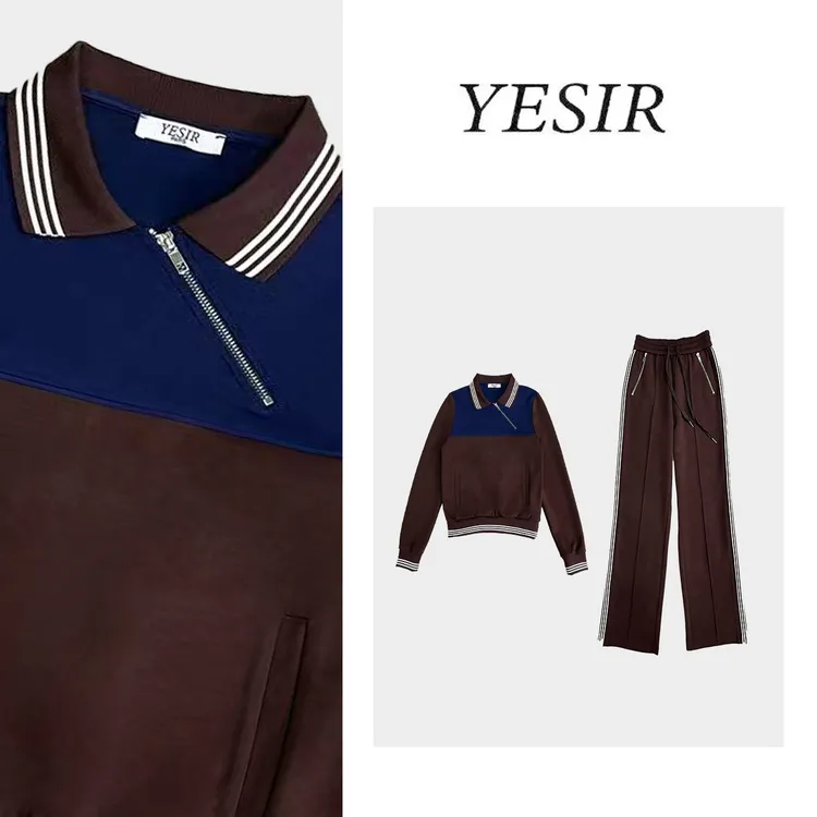 TZ25524缪系女孩拉链设计款长裤+上衣套装