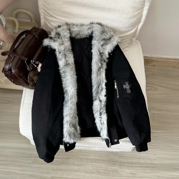 黑色美式复古十字架座山雕外套棉服男女冬季加绒加厚毛领棉衣夹克