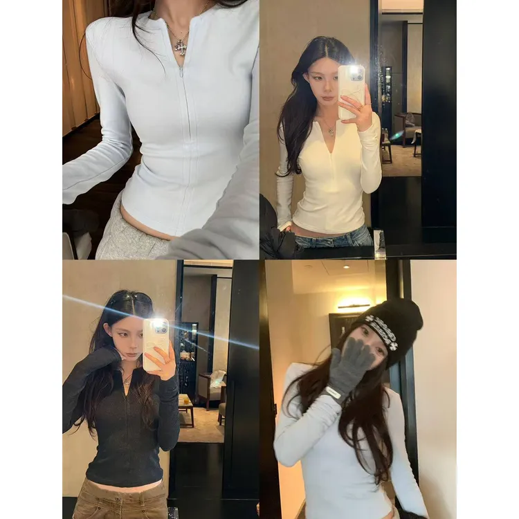 温柔秘境 半拉链v领针织打底衫上衣女冬C 9943#